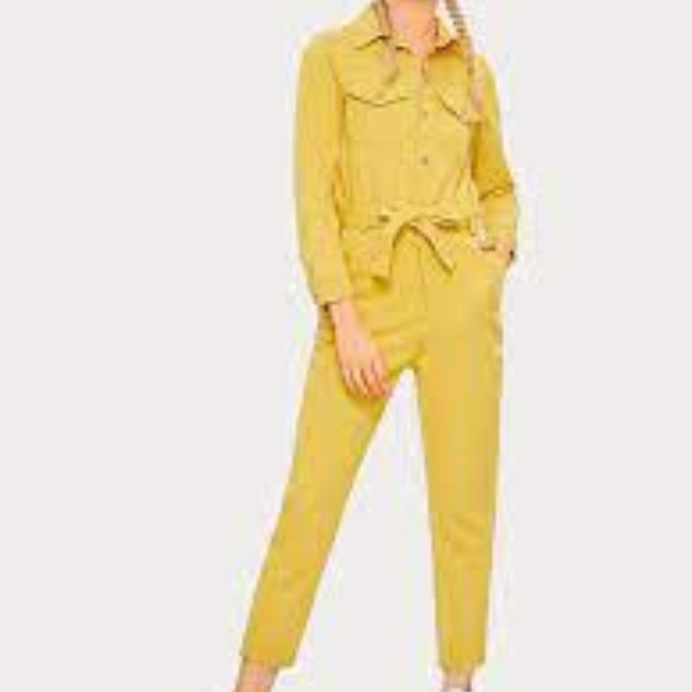 COPY - Solid Flap Pocket Front Belted Denim Overalls